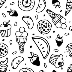 Desserts seamless pattern. Different kinds of sweets. Ice cream, pastries, fruits, sweetness. Kitchen, cafe, store, menu background. Texture for fabric, wrapping, wallpaper. Birthday, holidays print