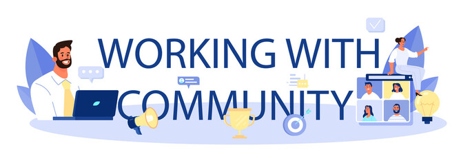 Community working typographic header. Team building, group of people
