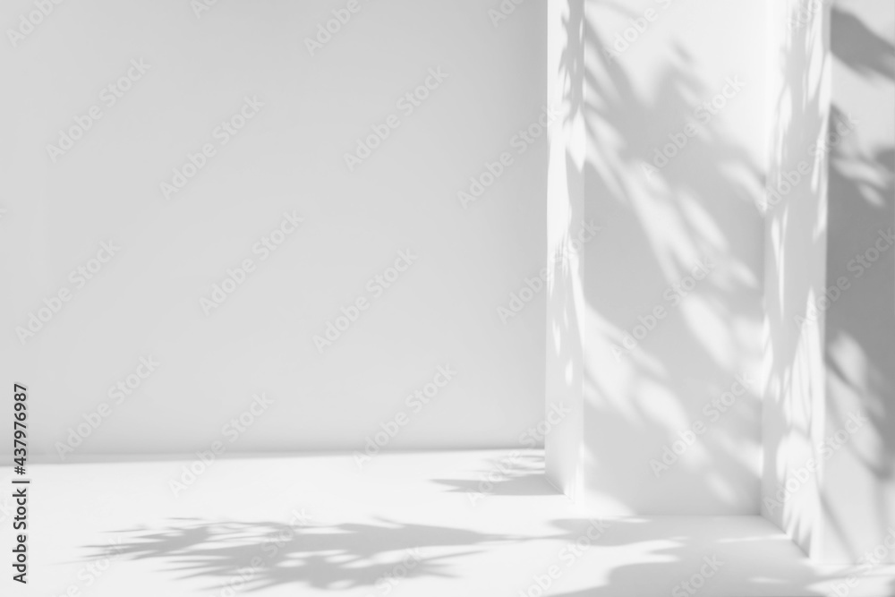 Aufkleber white table and abstract geometric wall background with flowers and palm leaves shadows overlay. abs