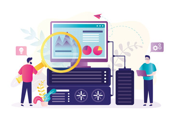 Worker with magnifying glass diagnose computer and power supply. Two sysadmin perform technical work with server.