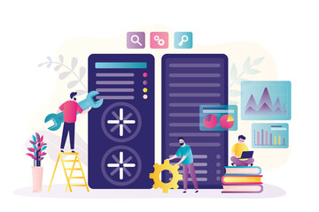 Group of sysadmins configures and optimizes server. System administrators doing technical work with server