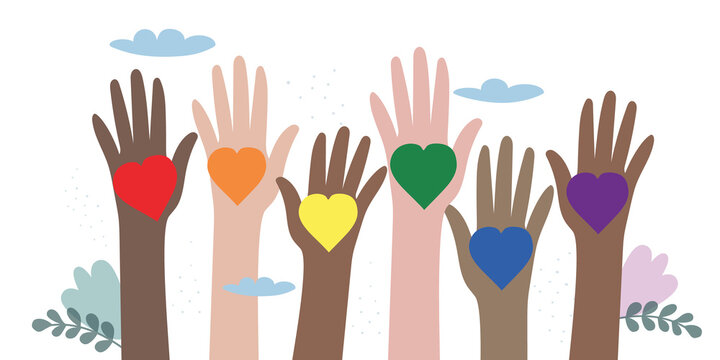 Vector illustration of LGBT community. Hands of different colors with rainbow hearts. Crowd of people with symbols at a gay parade. Design for poster, flyer, postcard, banner, web