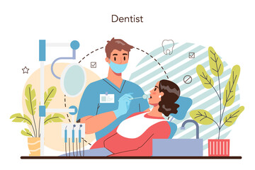 Dentist concept. Dental doctor in uniform treating human teeth
