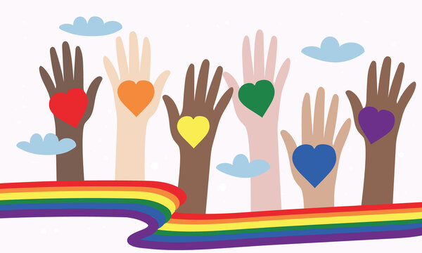 Vector illustration of LGBT community. Hands of different colors with rainbow hearts. Crowd of people with symbols at a gay parade. Color wave. Design for poster, flyer, postcard, banner, web