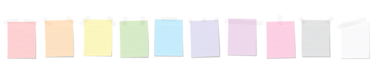 Paper notes attached with adhesive stripes, colorful lined shopping list notepads. Isolated vector illustration on white background.
