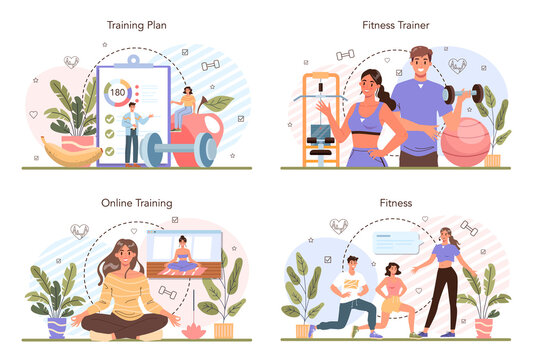 Fitness trainer concept set. Workout in the gym with professional sportsman