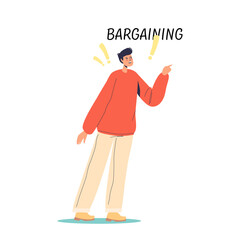 Man bargaining, negotiating find solution to problem. Bargain stage of acceptance