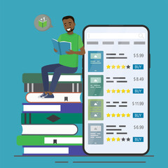 African American guy is sitting on pile of books and read. Male student reads textbook. Buying books in online store. Smartphone with bookstore app.
