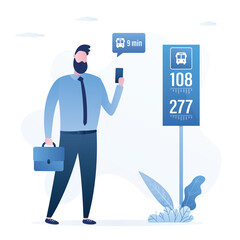 Businessman stands at bus stop and waits for bus. Placard with bus numbers and schedule. Male character use cell phone. Public transport.