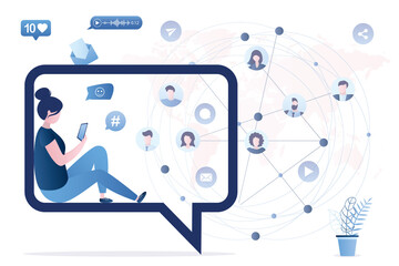 Female user sitting in speech bubble. Young woman uses smartphone. Communication, talking on social networks, entertainment in mobile app.