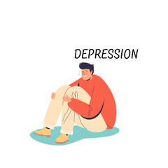 Lonely anxious man on floor. Depression stage of acceptance. Stressed despair male cartoon character