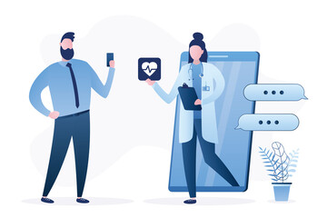 Woman provides patient with online consultation. Male character consults with nurse via chat