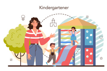 Kindergartener. Professional nany and children doing different activities.