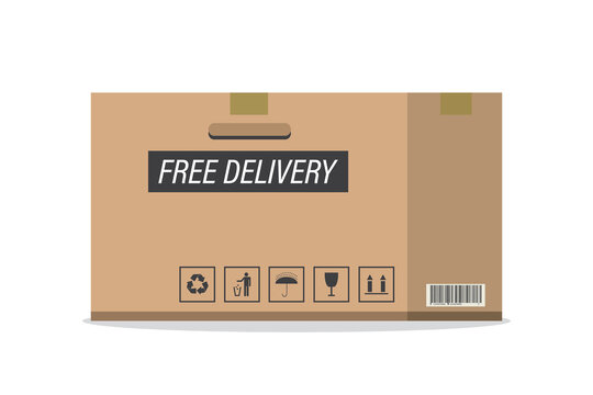 Cardboard box with warning signs. Free delivery. Cartoon package isolated on white background. Barcode on side of parcel box.