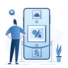 Online gallery. Virtual museum on cell phone screen. User or student is studying works of art. Interactive museum exhibition. Virtual art gallery tours.