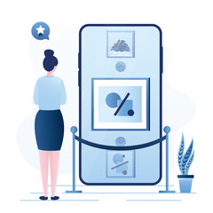 Online gallery. Virtual museum on mobile phone screen. Female user or student is studying works of art. Interactive museum exhibition.