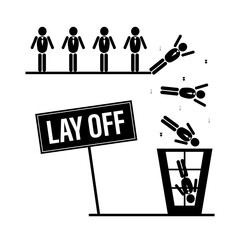Business people or employees pictograms fall in trash can. Fired managers. Company is laying off part of staff. Simple funny poster. Global recession,