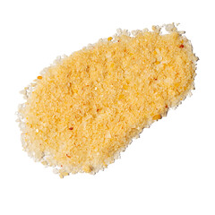 Sea salt isolated on white background. Concept of natural organic cosmetic and beauty, cosmetology, dermatology. Top view, flat lay, copy space.