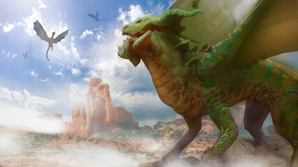 Digital painting of a green dragon creature in a desert environment - digital fantasy painting
