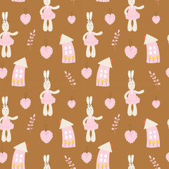 Rabbit in pink dress seamless pattern, rabbit hand drawn background with heart, house and leaf