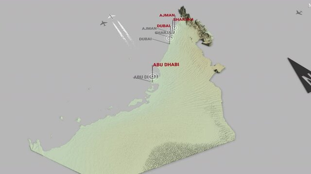 Seamless looping animation of the 3d terrain map of United Arab Emirates with the capital and the biggest cites in 4K resolution