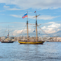 Fototapeta na wymiar Saint Petersburg, Russia - July 13, 2019 - Russian old sailing ship is parked on the Neva river in the city center