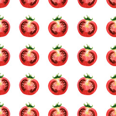 A simple tomato pattern. The image is hand-drawn and isolated on a white background. Watercolour painting.