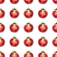 A simple tomato pattern. The image is hand-drawn and isolated on a white background. Watercolour painting.