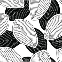 Seamless pattern from striped large leaves. Template for printing on textiles, fabrics, bedding, wrapping paper, decorative pillows. Black-white coloring book. Vector illustration.