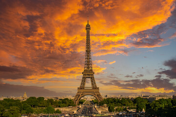 Eiffel Tower at sunset in Paris, France. Romantic travel background, Skyline of Paris with Eiffel Tower in Paris, France. Panoramic sunset view of Paris