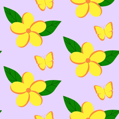 A seamless pattern of yellow tropical flowers and butterflies.