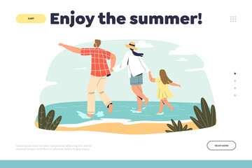 Enjoy summer concept of landing page with young family on beach run to water happy on seaside vacation