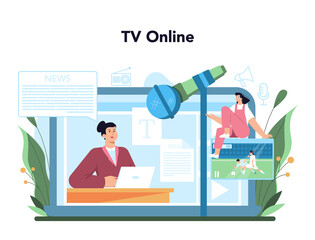 Announcer online service or platform. TV presenter, radio host in studio.