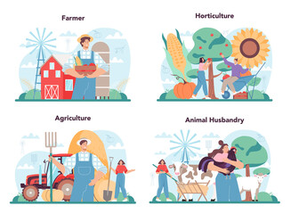 Farmer concept set. Farm worker growing plants and feeding animals