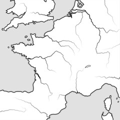 Map of The FRENCH Lands: France & its regions — Île-de-France, Champagne, Normandie, Bretagne, Aquitaine, Occitanie, Provence, Burgundy, Lorraine, Elsass. Geographic chart with coastline and rivers.