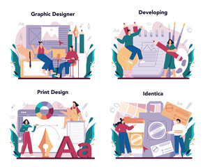 Graphic designer concept set. Digital artist creating brand design