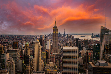 New York City Midtown with Empire State Building at Amazing Sunset, Sunset view of New York City looking over midtown Manhattan