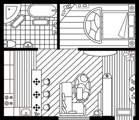 Sketch of interior plan. Detailed apartment furniture overhead top view. Room in flat style. House floor design project