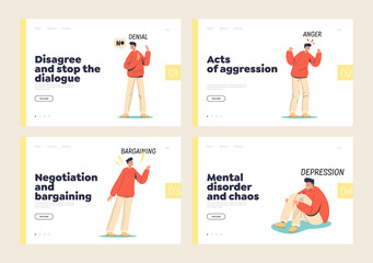 Landing pages set with stages of acceptance and mental disorders, depression anger and anxiety
