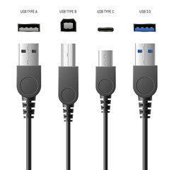 Realistic usb cable connectors, smartphone chargers set with modern types of plugs and sockets