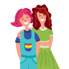 Young smiling lesbian women. Happy pride month. Non-traditional same sex relationships, happy LGBT couple. Cartoon flat vector illustration on white background.