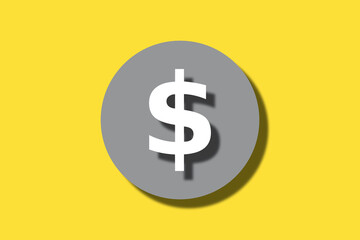 The symbol of the dollar with shadow in a gray circle on a yellow background. Trend colors, minimalism.
