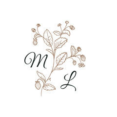 Nature Initials M and L isolated design, uppercase letters with strawberry branch.