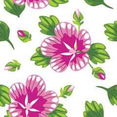 Seamless pattern with blooming mallow. Drawing without black outline
