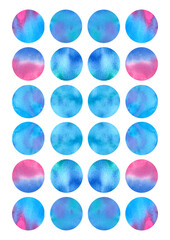 Watercolor circles, Blue circles, Pink circles, Watercolor wall art, Handpainted poster, Pink and blue  wall art,  White backgBlue and pink round elements