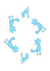 Frames of stylized cats on a white sheet of A4 format, surreal, graphics