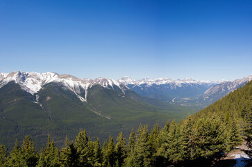 Fototapeta premium Beautiful landscape on a sunny springtime day. Rocky mountains and huge forest at Banff National Park, Alberta, Canada. America