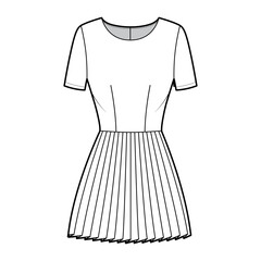 Dress pleated technical fashion illustration with short sleeves, fitted body, mini length skirt. Flat apparel front, white color style. Women, men unisex CAD mockup