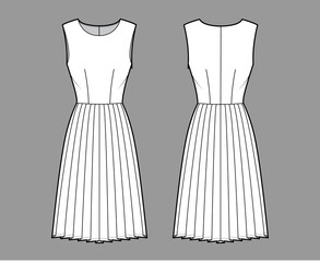 Dress pleated technical fashion illustration with sleeveless, fitted body, knee length skirt. Flat apparel front, back, white color style. Women, men unisex CAD mockup