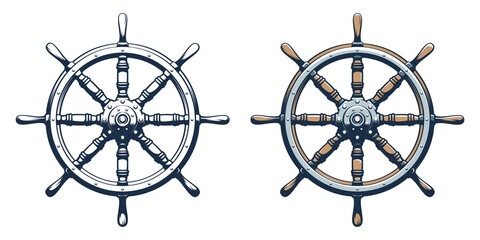 Ship rudder vintage style. Ship wheel marine vector illustration. - obrazy, fototapety, plakaty
